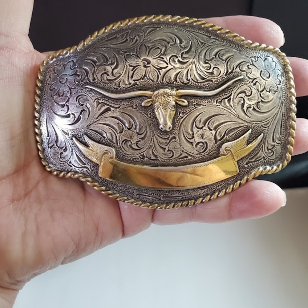 Nocona Mens Western Belt Buckle Silver Gold Two Tone Longhorn Floral Scroll